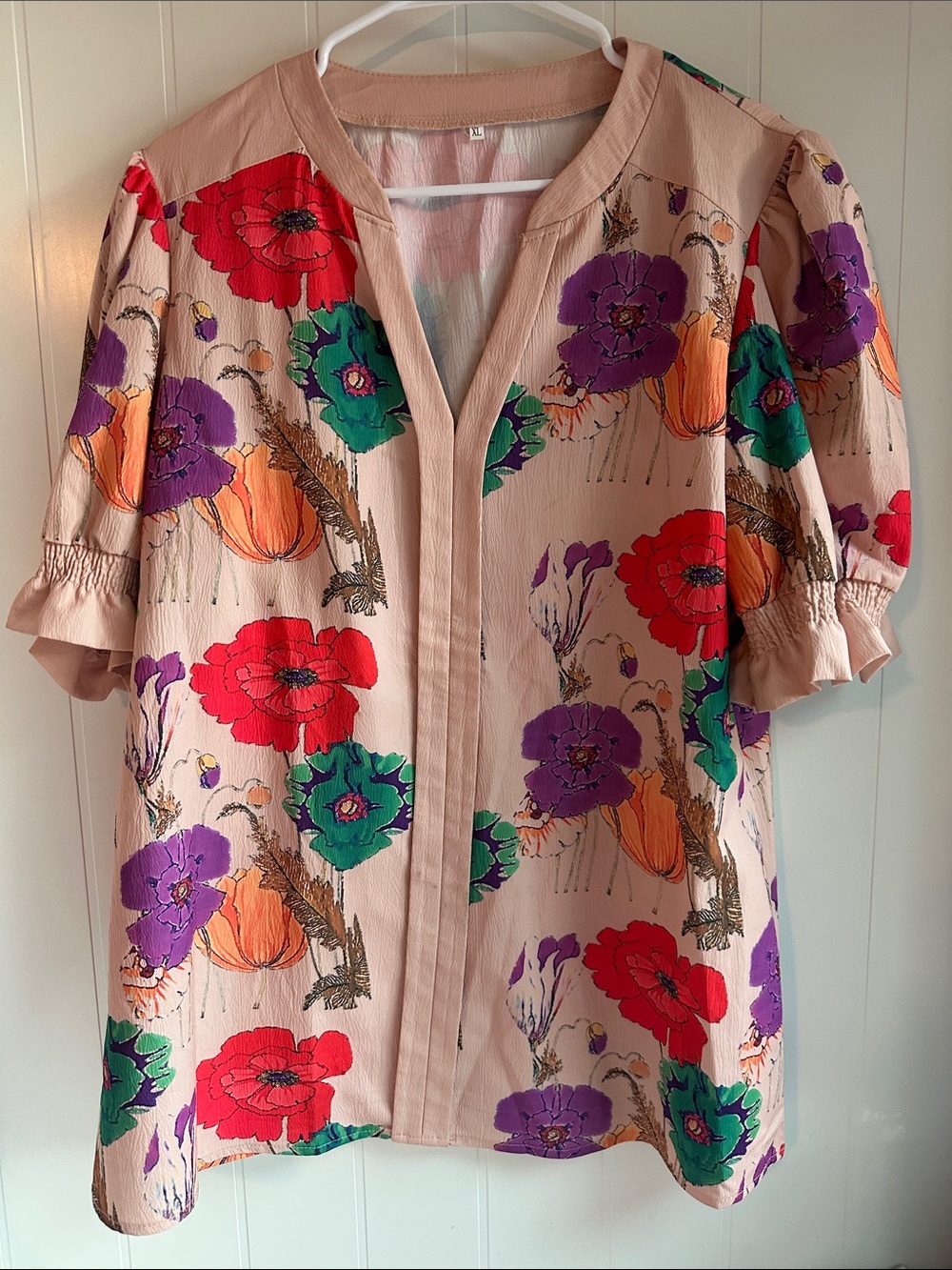 Women’s Floral Puff-Sleeve Blouse - Blush with Multicolor Flowers